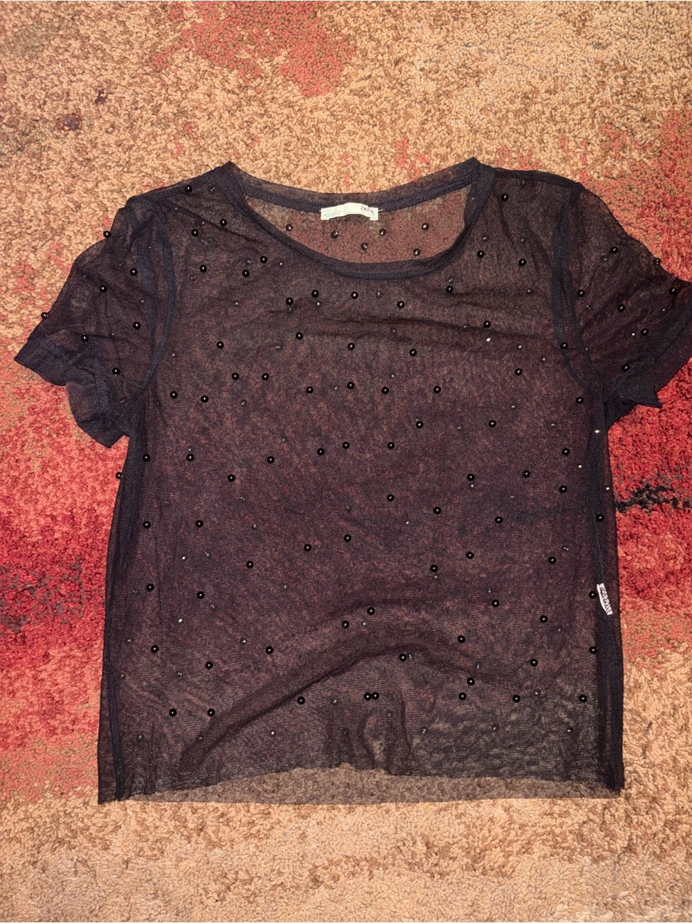 zara Women's Black Sheer Embellished Short Sleeve Top